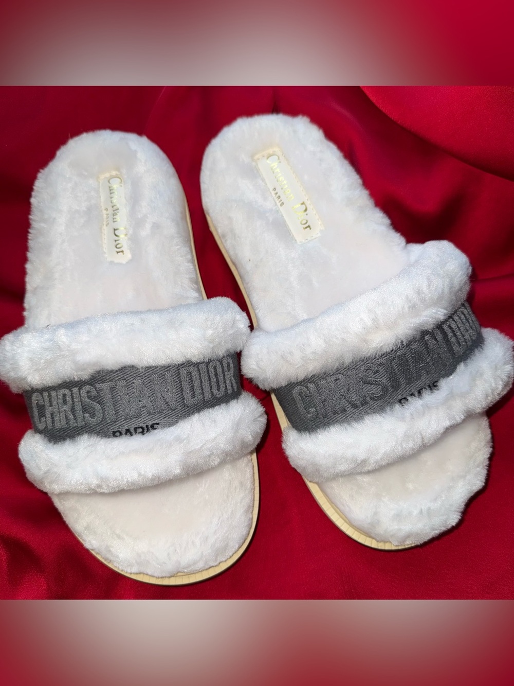 Dior White Faux-Fur Slide Slippers with Gray Logo Strap